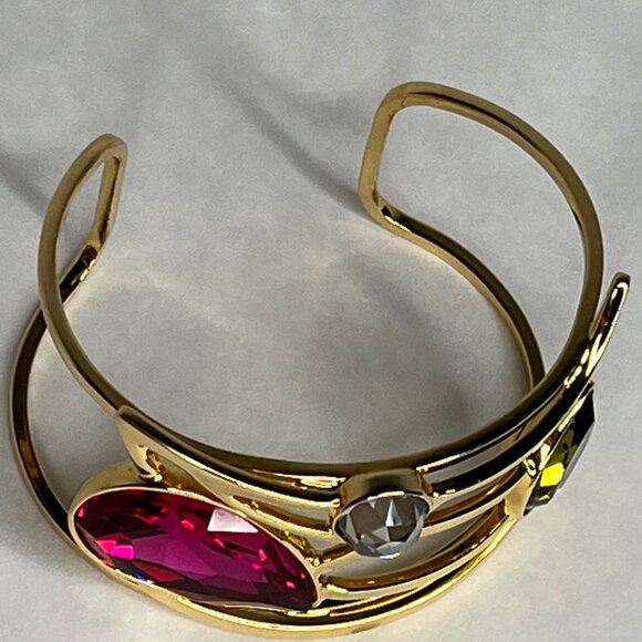 Swarovski Signed Swan Logo Wide Crystal Jeweled Gold-Tone Cuff Bracelet - Picture 2 of 7